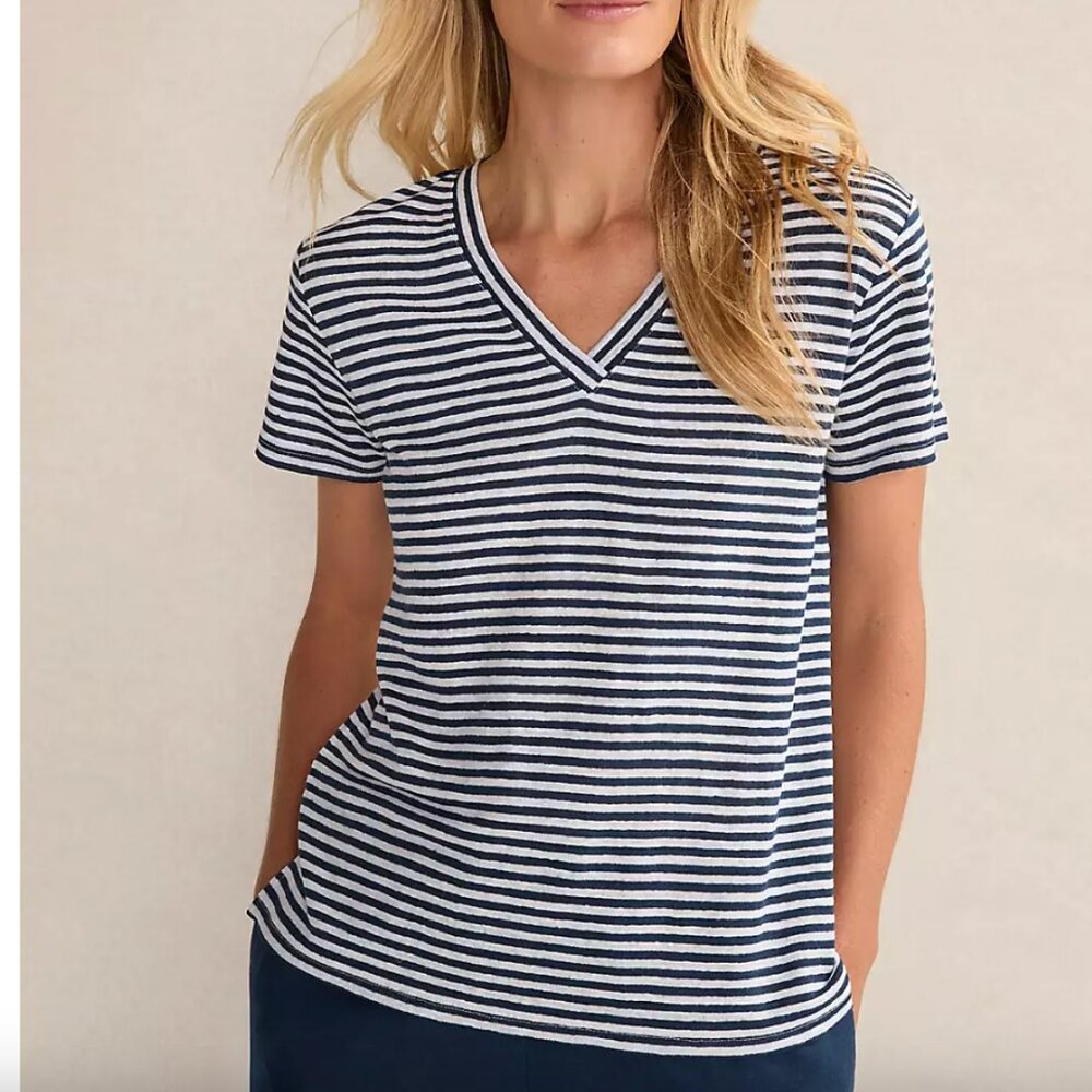 Loft Haven Well Within 100% Linen Stripe Short Sleeve V-Neck Tee